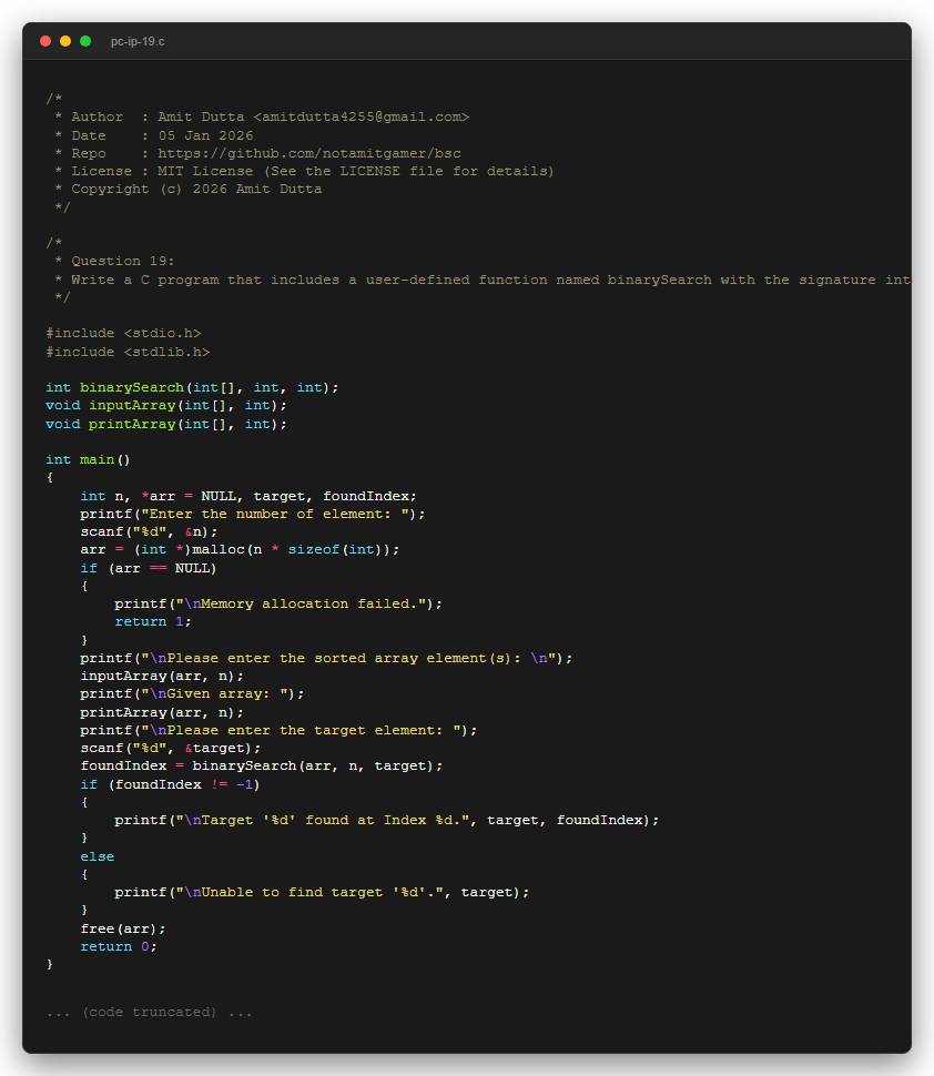 Question 19: Write a C program that includes a user-defined function named binarySearch with the signature int binarySearch(int arr[], int size, int target);.